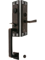 Craftsman Style F20 Function Mortise Handleset in Oil Rubbed Bronze with Left Hand Hammered Lever, and Stop/Release Buttons.